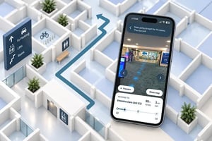 3D indoor map with BindiMaps PathView+ navigation displayed on a smartphone, showing a route to the Intensive Care Unit.