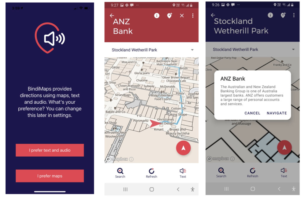 Three Screenshots from the BindiMaps user interface: the maps or audio preference selection screen, a shot of a map with a route to ANZ Bank, and a shot showing the pop-up About This Location screen.