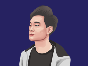 Charming illustration of a young man, looking out into the distance. He has dark short hair, and is wearing a dark shirt with a grey and black hoodie over it.