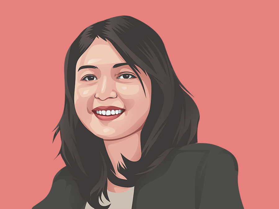 Lovely illustration of a woman with flowing dark hair on a light red background. She is smiling, and wearing a dark blazer over a light shirt.