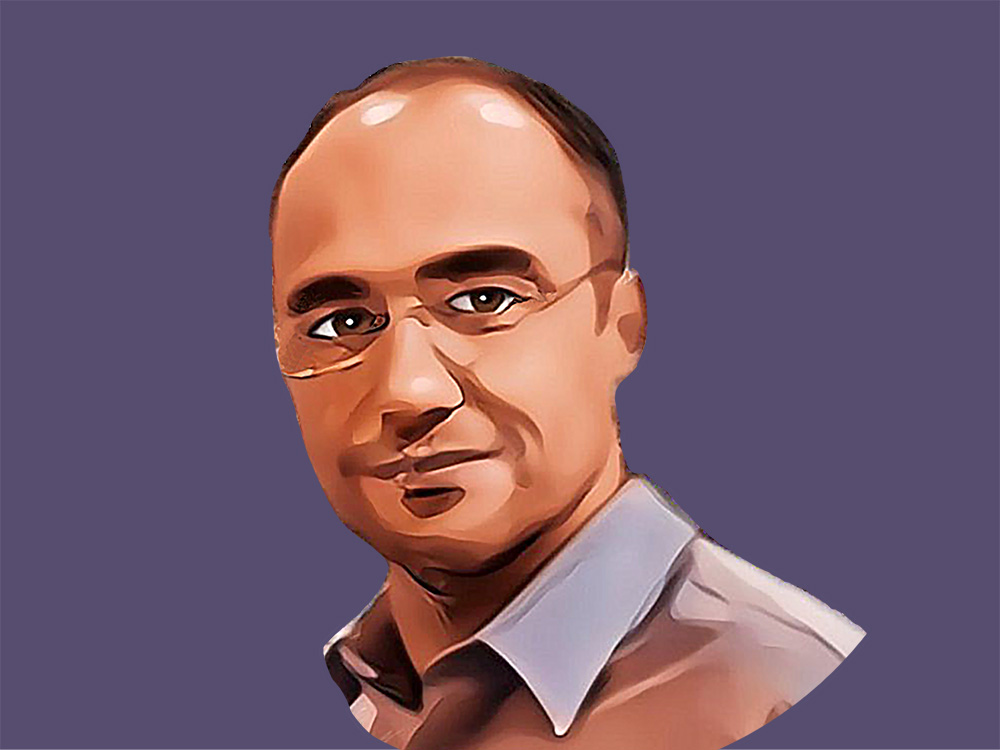 Illustration of a pensive looking man with clear metal glasses, wearing a light blue collared shirt on a light navy background.