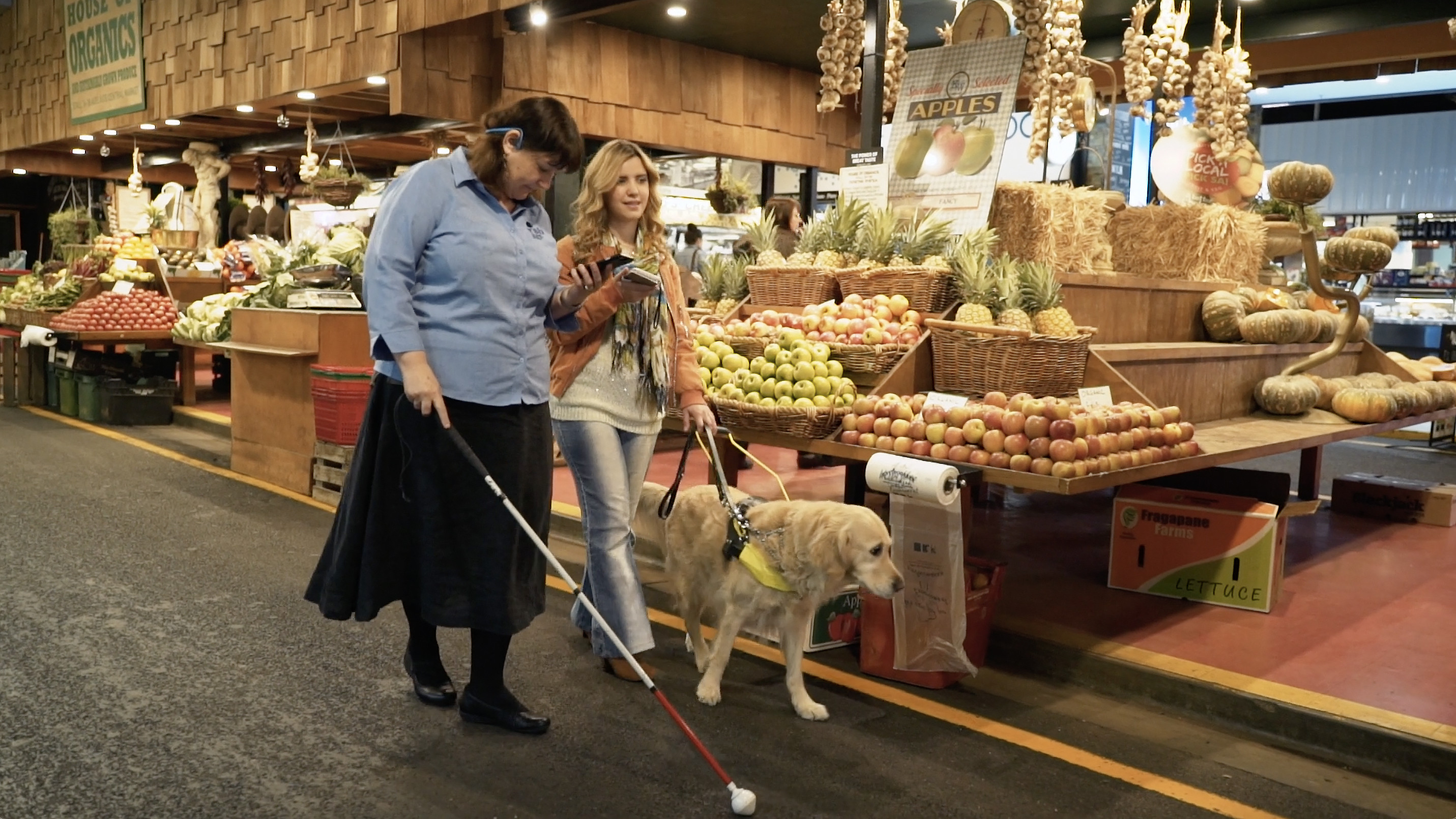Two blind women walking amongst fresh fruit at a market. One woman is using a cane, wearing a light blue shirt, with dark hair and a black skirt. The other women is a little younger with curly, flowing blonde hair. She is walking with her guide dog and looking down at her phone using the BindiMaps app.
