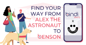Colourful illustration featuring a woman with curly hair and a guide dog using the app, next to her is a man in a dark shirt and blue pants smiling. There is text in the middle of the image that says 'Find your way from alex the astronaut to Benson'. There is an image of a phone on the right of the image with the logo BindiMaps and Ability Fest inside.