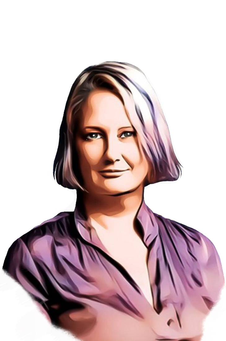 Watercolour illustration of a woman in a purple blouse and a blond bob with purple highlights. She is staring at the camera with a strong gaze.