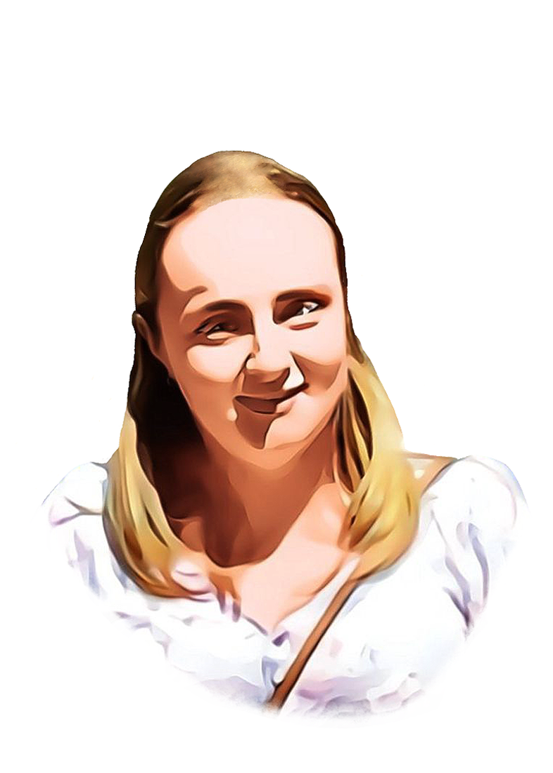 Digital watercolour effect illustration of a young woman with shoulder length blond hair. She is smiling slightly with her mouth closed, and is wearing a v neck white blouse.