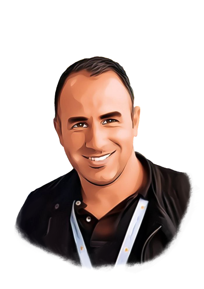Digital watercolour illustration of a man with dark hair, dark eyebrows and smiling with his teeth. He is wearing a dark shirt.