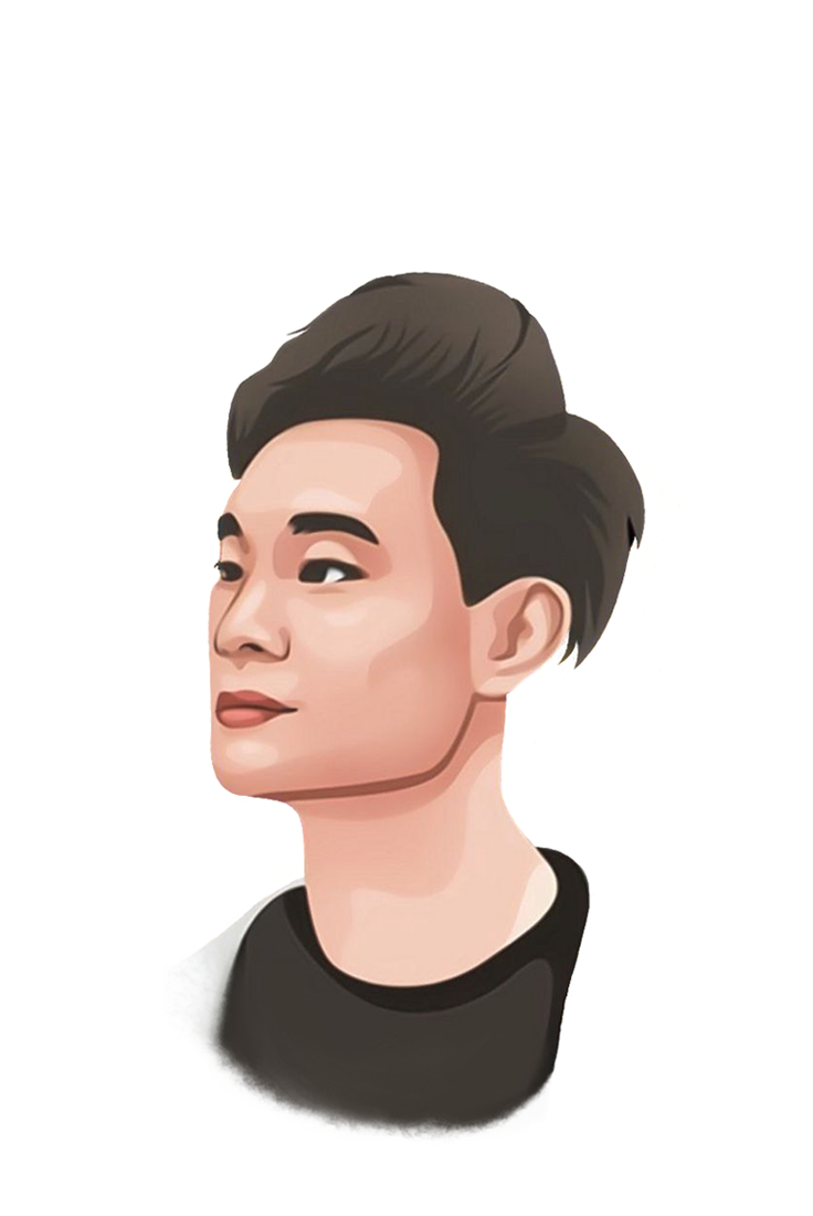 Digital illustration of a young man looking into the distance. He has thick, styled hair, and is wearing a dark shirt.