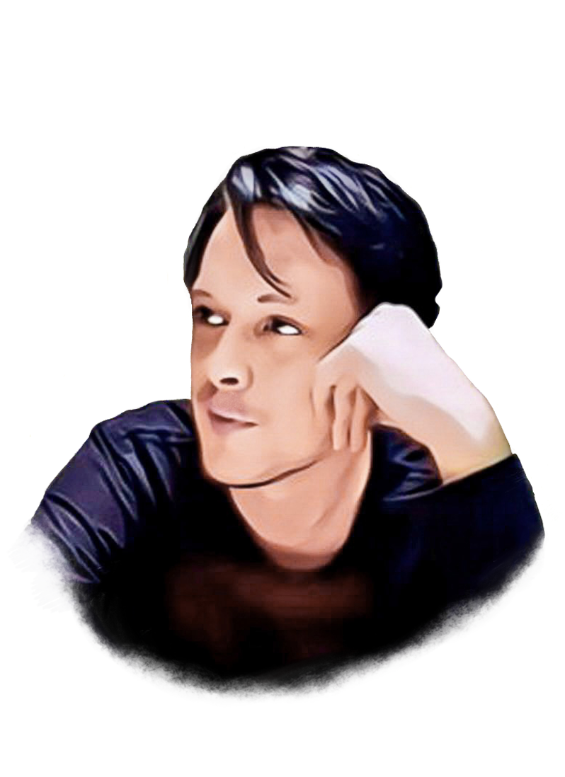 Watercolour effect digital illustration of a man in a dark top with his hand leaning into his face. He is looking away, smiling a little. He has dark hair with a bit of a side fringe.