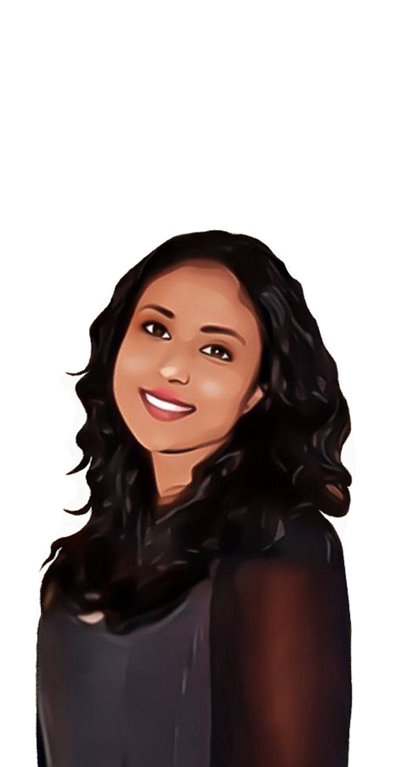 Watercolour effect digital illustration of a woman with dark long curly hair, wearing a black top and smiling widely.