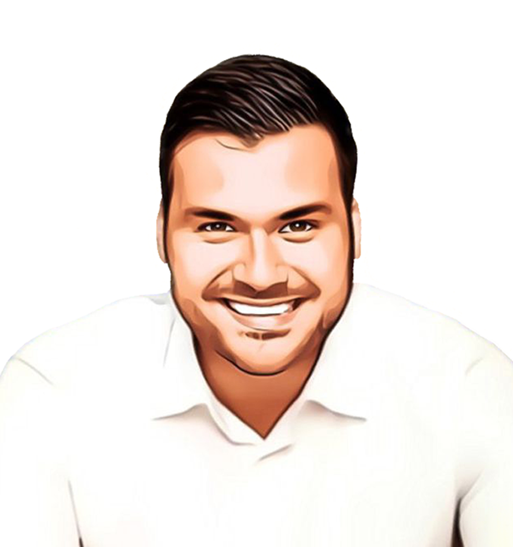 Illustration of a young man in a white business shirt staring ahead at the camera smiling broadly. He has dark short cropped hair and a some light facial hair.