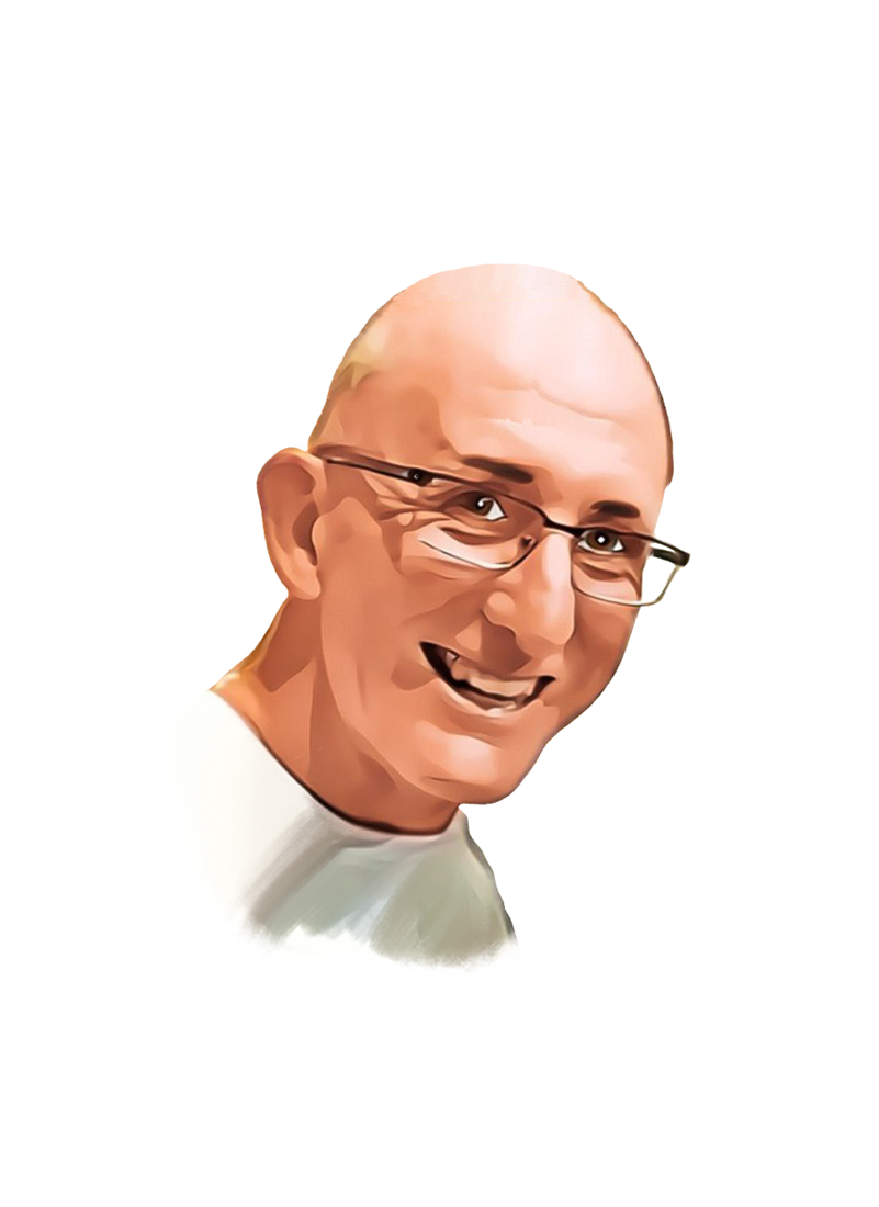 Watercolour digital illustration of a man smiling with glasses. He is bald and wearing a white tshirt.