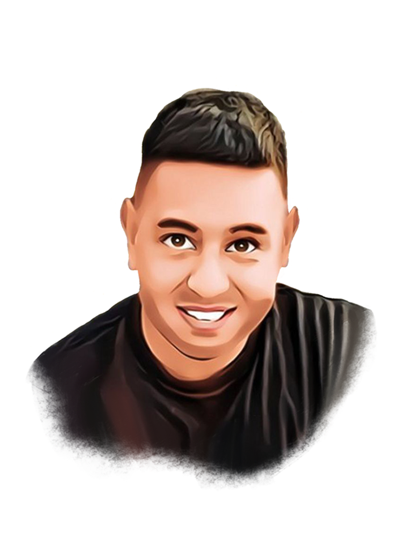 Digital watercolour effect illustration of a young man with a black tshirt and thick dark hair combed high at the front and short sides. He is smiling with his teeth showing.