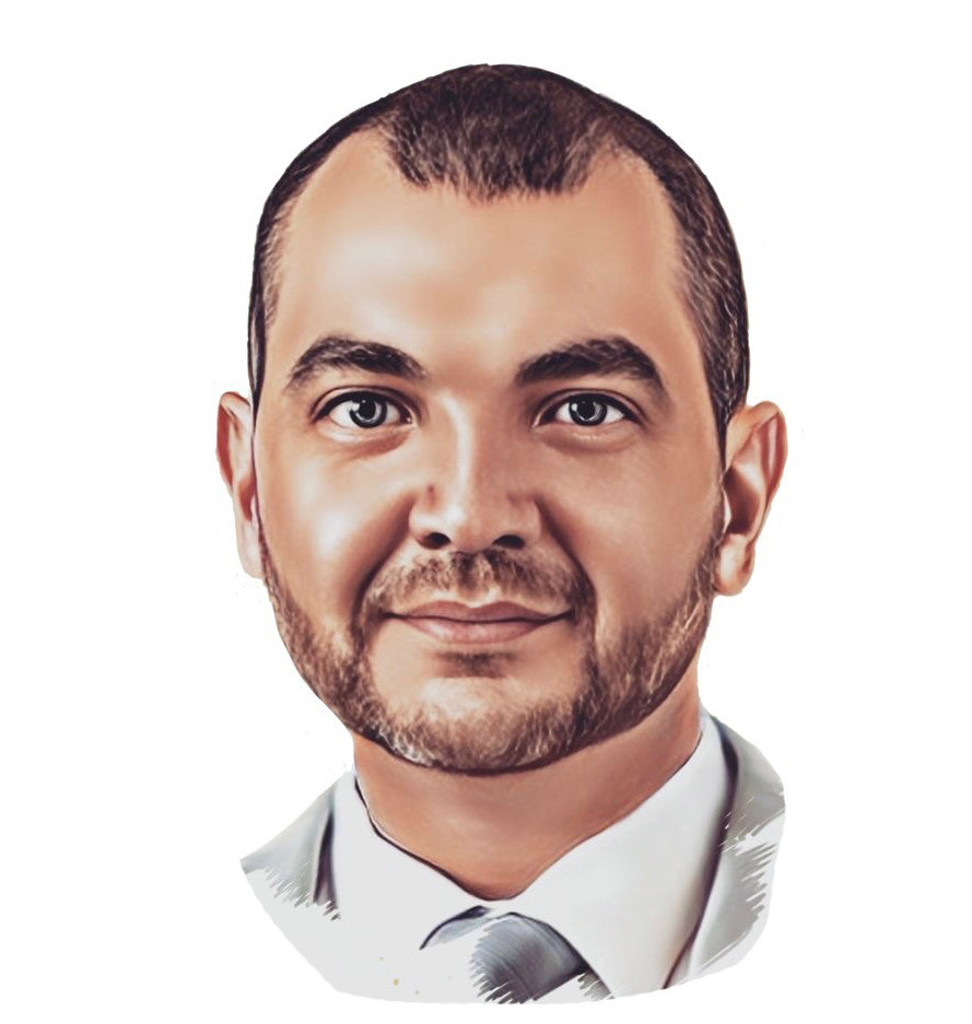 Digital watercolour effect illustration of a man with facial hair, dark brown short hair wearing a suit and tie.