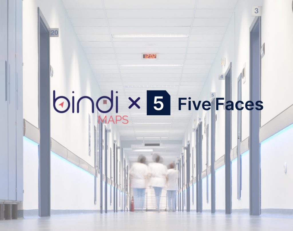 Background image featuring a hospital corridor, showing medical professionals walking away in the background. Over the top is the BindiMaps and Five Faces logos.