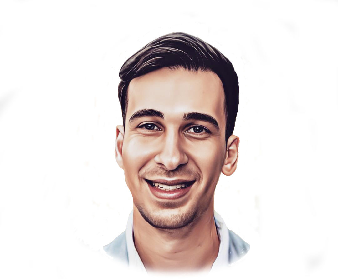 Digital watercolour effect illustration of a man with medium length hair smiling with his teeth showing.