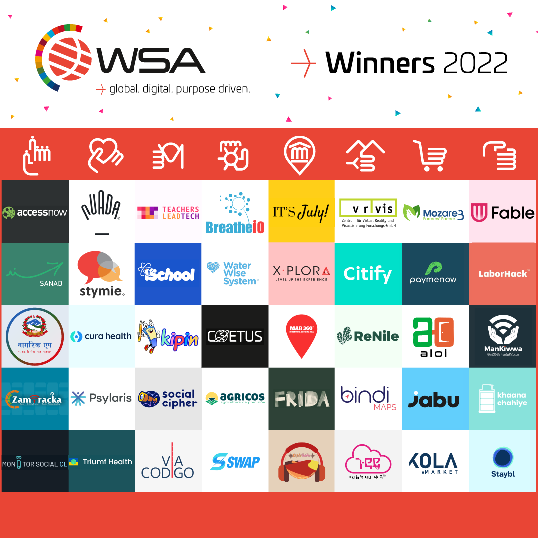 A mixed logo slide containing the logos of 40 different companies that have been awarded in the World Summit Awards, including BindiMaps.