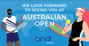 Image with a title 'WE LOOK FORWARD TO SEEING YOU AT AUSTRALIAN OPEN' in bold white font with a blue background highlighting the tennis tournament. Displays two character illustrations holding tennis equipment on left & right side of the image with the bindiMaps logo place in the bottom centre of the image.