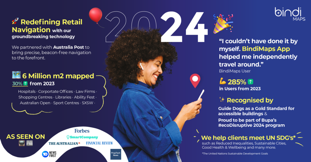 A woman stands against a dark blue background. Above her, "2024" is displayed in bold white font, surrounded by celebratory emojis. The image highlights BindiMaps' 2024 achievements:

Redefining Retail Navigation: Partnered with Australia Post to introduce precise, beacon-free navigation technology.

6 Million Square Meters Mapped: Achieved a 30% increase from 2023, encompassing diverse locations such as hospitals, offices, law firms, and shopping centers.

User Testimonial: "I couldn't have done it by myself. BindiMaps App helped me independently travel around."

285% Increase in Users: Significant growth in user base compared to 2023.

Recognitions: Acknowledged by Guide Dogs as a 'Gold Standard' for accessible buildings and proud participant in Bupa's Eco-Disruptive 2024 program.

Supporting United Nations Sustainable Development Goals: Assisting clients in meeting accessibility and inclusivity objectives.

Media Features: Featured in Forbes, SmartCompany, 10 News First, The Australian, Financial Review, and PropTech News throughout the year.