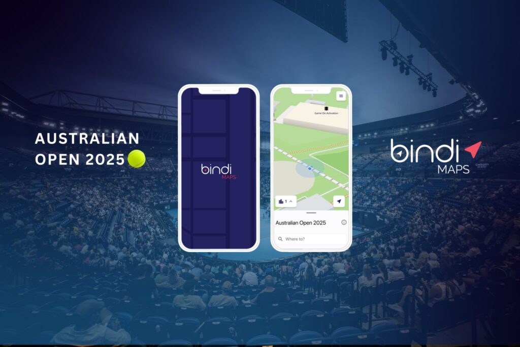 A stadium background with bold white text reading "Australian Open 2025". Next to it, a snippet of the BindiMaps app demo showcasing navigation at AO 2025. The BindiMaps logo in white is placed alongside,