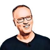 Digital watercolour effect illustration of a man with black rectangle shaped glasses, short light hair and he is smiling broadly with his teeth showing. He is wearing a black tshirt.