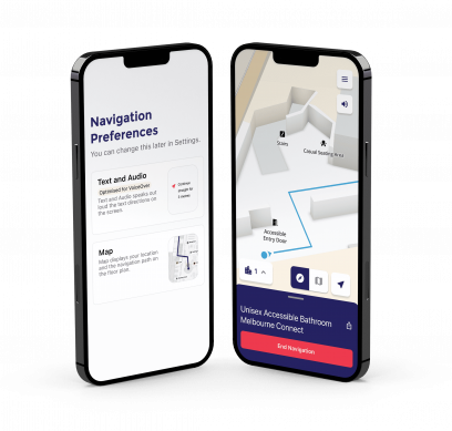 Two mobile phones with BindiMaps Installed. One phones shows the option to choose from voice guided prompts or map view. The second phone shows a map of the space with directions to a room.