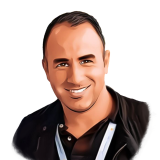 Digital watercolour illustration of a man with dark hair, dark eyebrows and smiling with his teeth. He is wearing a dark shirt.