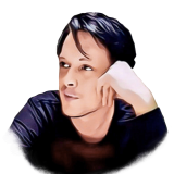 Watercolour effect digital illustration of a man in a dark top with his hand leaning into his face. He is looking away, smiling a little. He has dark hair with a bit of a side fringe.