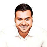 Illustration of a young man in a white business shirt staring ahead at the camera smiling broadly. He has dark short cropped hair and a some light facial hair.