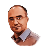 Watercolour digital illustration of a man with a light blue collared shirt and jumper. He has dark hair crowing his head, and rectangular wire rimmed glasses. He is smiling a little bit, with his mouth closed.
