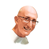 Watercolour digital illustration of a man smiling with glasses. He is bald and wearing a white tshirt.