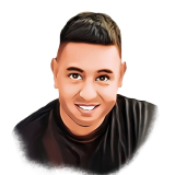 Digital watercolour effect illustration of a young man with a black tshirt and thick dark hair combed high at the front and short sides. He is smiling with his teeth showing.